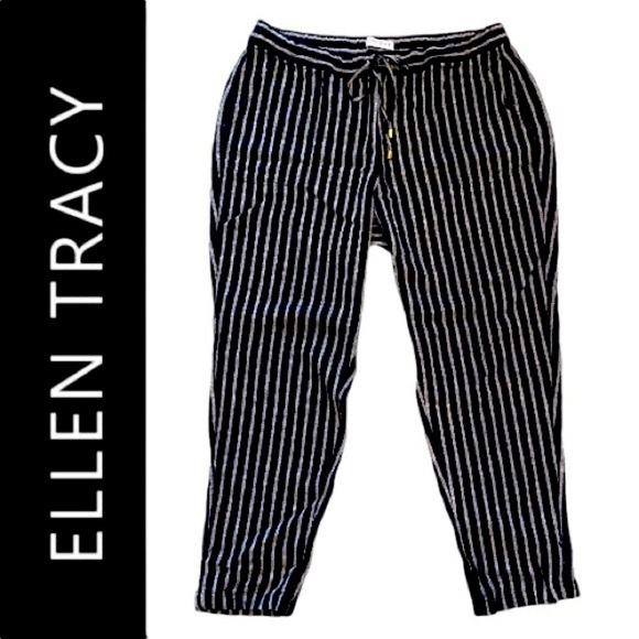 Ellen Tracy Women’s Elastic/Drawstring Pants-Black/White Stripe Linen Blend - Picture 1 of 3